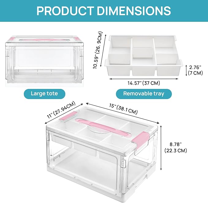 Vtopmart 24 QT Pink Clear Craft Organizer with Tray & Dividers, 1 Pack | Storage Box for Coloring Books, Modeling Clay, Molds and Art Supplies, Removable Tray for Craft Supplies Organization