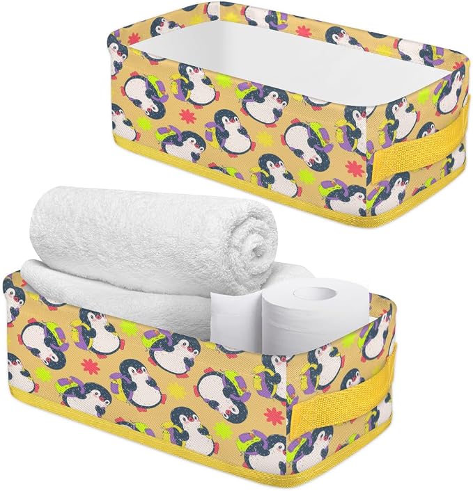 Penguin Cute Happy Cartoon Bathroom Storage Basket, Foldable with Handle Open Countertop Paper Towel Decorative Box, Toilet Tank Top Shelf Baskets for Home Closet Bedroom Living Room Office