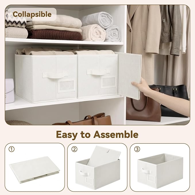 GRANNY SAYS Closet Storage Bins with Label, Pearl White, Medium, 3-Pack | Closet Organizer Bins with Label Holder, Fabric Storage Baskets, Foldable Storage Bins, Decorative Storage