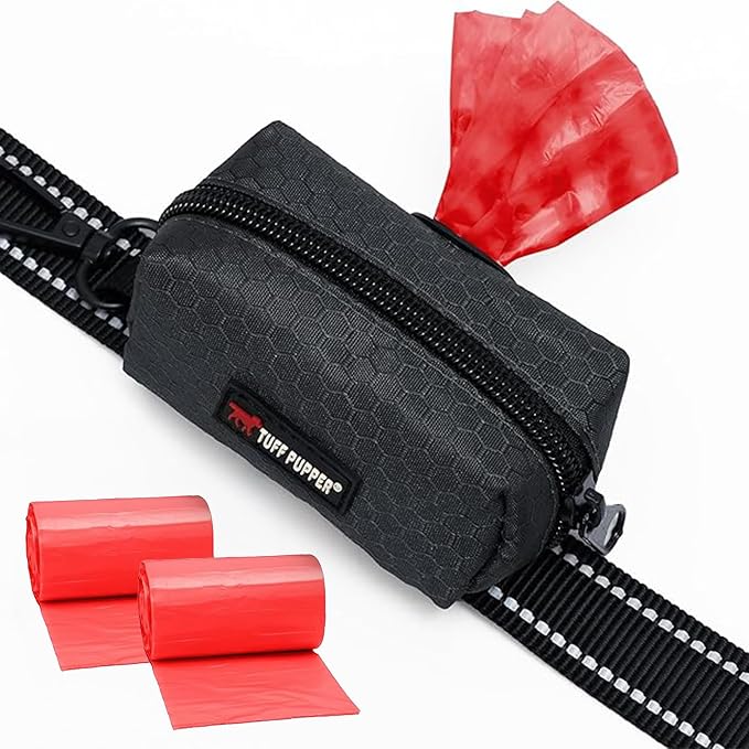 Tuff Pupper Dog Poop Bag Holder | Works with Any Dog Leash | Zippered Waste Bag Dispenser | Waterproof with Rust-Proof Clip | Convenient Lightweight Design | Includes 2 Rolls of Leak-Proof Bags