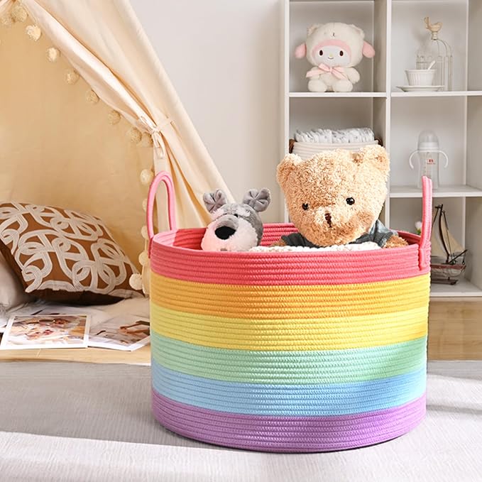 67L Large Rainbow Blanket Basket, Cotton Rope Baby Laundry Hamper with Handles, Kids Toy Basket for Classroom & Nursery, Soft Round Stuffed Animal Storage, Dog Toy Bin - 20"x13", Rainbow