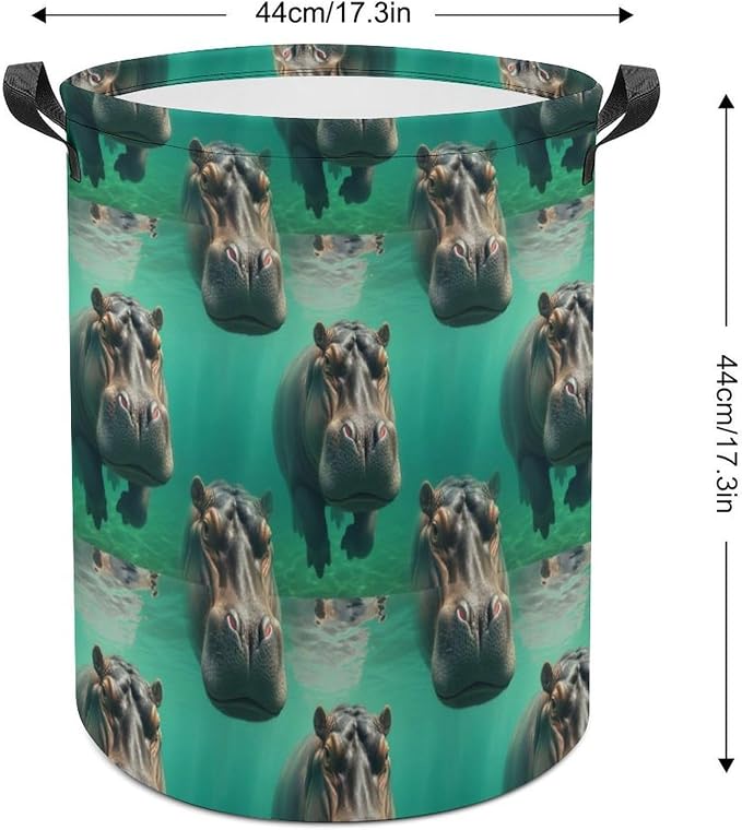 Foldable Laundry Basket with Handles Diving Hippo, Waterproof Storage Hamper for Clothes, Toys, and Towels in Bedroom and Bathroom