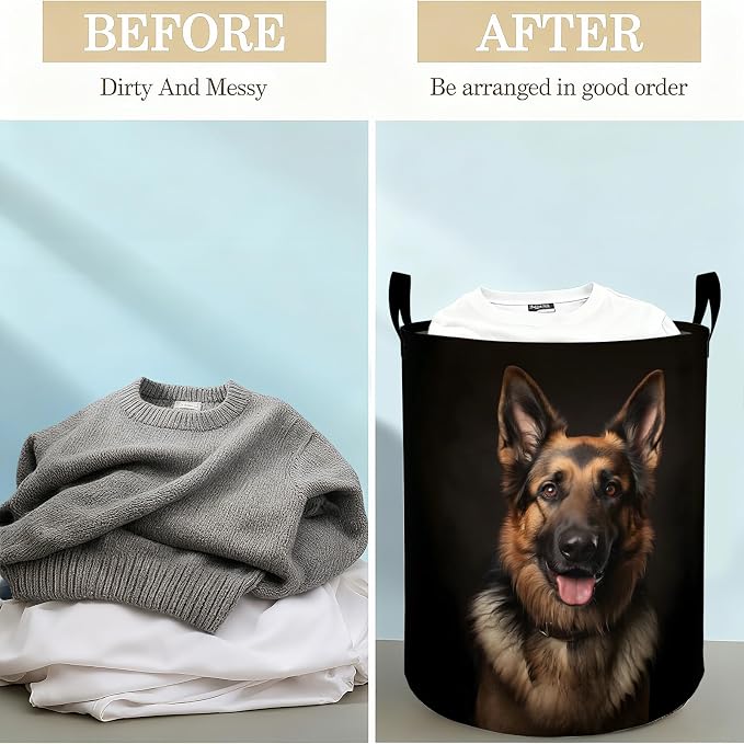 German Shepherd Dog Laundry Basket Hamper for Boys Girls Kids Adults, Foldable Waterproof Oxford Clothes Storage Bin, Pet Organizer for Bedroom Bathroom Room Decor 19.7"x15.8"