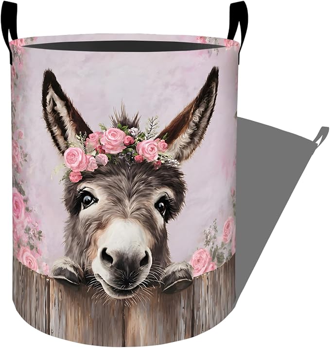 Donkey Floral Laundry Basket, Pink Rose Flower Storage Hamper, Round Collapsible Waterproof Cloth Bin, 19.7x15.7 Inch Rustic Watercolor Farmhouse Clothes Organizer Gifts for Bathroom Decor