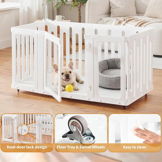 Mobile Acrylic Dog Playpen Indoor with Bottom Panels for Puppies, 8 Panels | Puppy Play Pen with DIY Easy Assemble, Moveable Pet Fence for Small Dogs (24''Tall, 4 Bottom Panels + 8 Wheels)