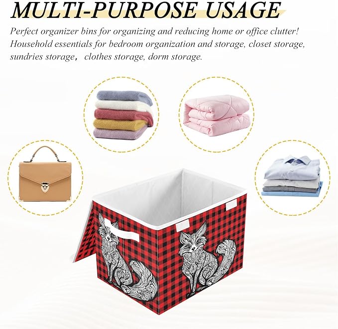 Fabric Storage Bins with Lid Mandala Fox Foldable Storage Boxes 40L Baskets | Foldable & Stackable, Flip Top Dust Guard, Reinforced Handles, Home & Bedroom, Clothes & Toys, Mandala Fox Basket