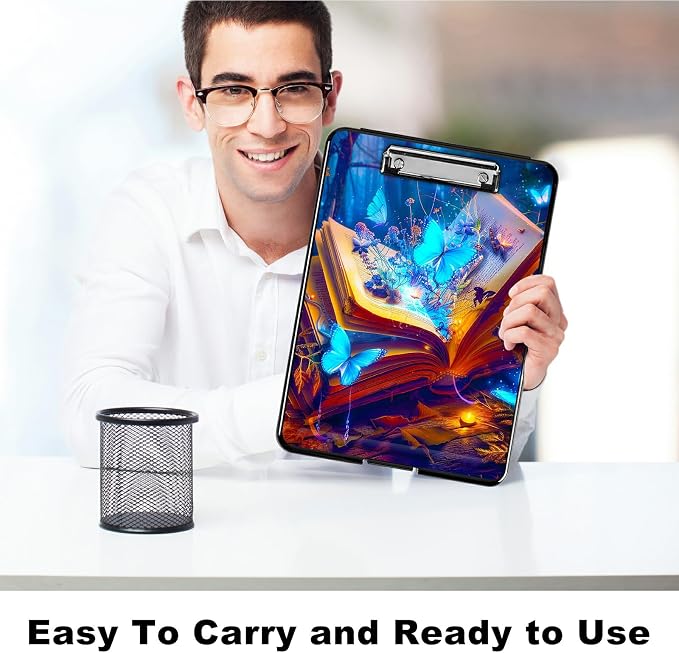 Book Blue Butterfly A4 Clipboard with Storage Pen Holder, Clipboards Organizer Nursing Clipboard Foldable File Folder Plastic Clipboard Folio Clip Board for Office Students Classroom Doctor