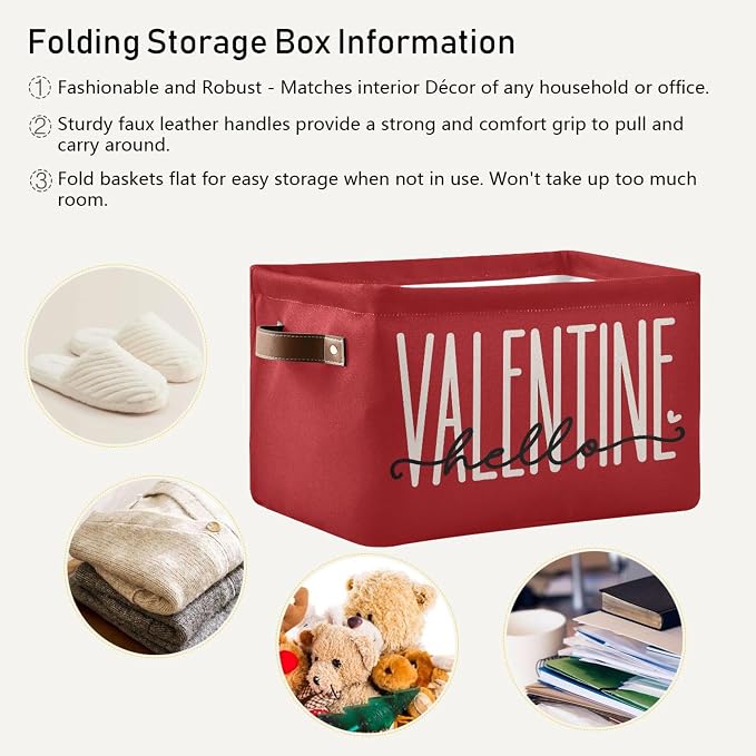 Happy Valentine's Day Red Storage Basket with Waterproof Liner and PU Handles Hello Valentine Love Gift Storage Bins Boxes 14.2" Collapsible Decorative Organizer Baskets for Bedroom Closet 1 Pack