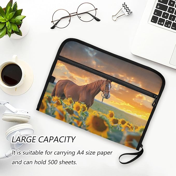 13 Pocket Zipper Expanding File Folder A4 Sunflower Horse | Accordion File Organizer with Front Pouch A4 Letter Size Portable Folders for Documents Receipt School Office Supplies