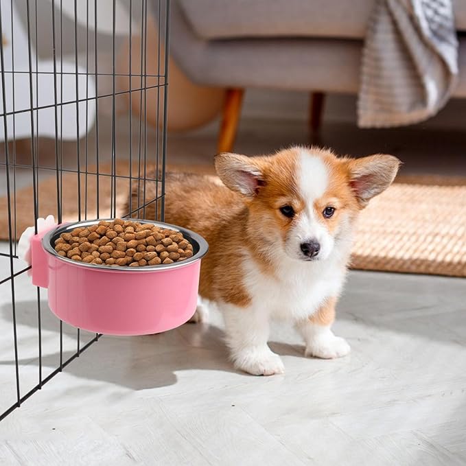 Hypeety Dog Crate Water Bowl No Spill - Hanging Attachable Pet Bowls for Kennel Durable Stainless Steel Food Water Dishes for Small Dogs Cats Rabbits Parrots with Non-Slip Base (Pink 2pcs)