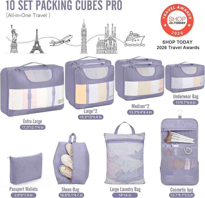 Veken 10 Set Packing Cubes for Travel Essentials, Suitcase Organizer Bags in 4 Sizes, Carry-On Luggage Accessories with Laundry Bag, Airplane Must Have with 99-Count Mesh Holes