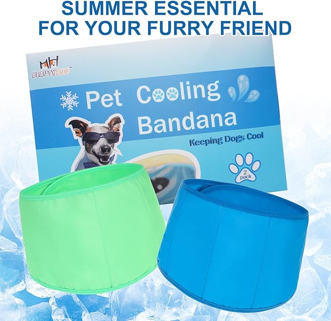BEAUTYZOO Dog Cooling Bandana for Small Dogs, Instant Chill Out Ice Scarf Pet Bandanas, 2 Pack Adjustable Neck Wrap Cooler,Heat Relief Outdoor Camping Training,Green Blue M