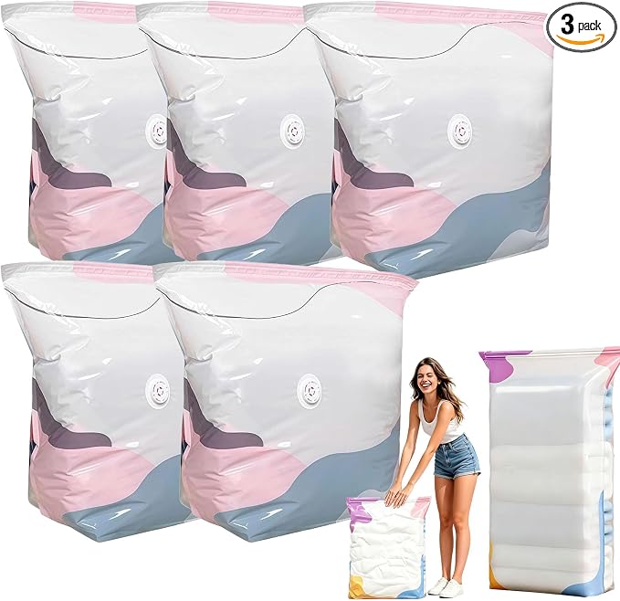 No‑pump Vacuum Storage Bags 3-Sec Fast Compression, Large Capacity Vacuum Bags No Pump Needed, 3D Compression Bags For Storage, Press & Seal Reusable, Space-Saving (5pcs M)