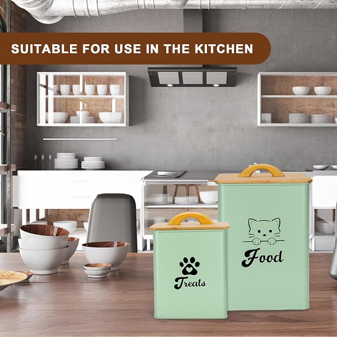 Cat Food Storage Container with Scoop, 2PCS Cat Food Storage Container with Lids Airtight, Cat Treat Jars for Kitchen Counter-7+3Lbs, Cat Cookie Jar for Storage,Saga Green