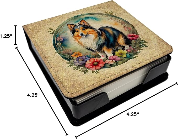 Caroline's Treasures Sheltie and Flowers PU Leather Note Paper Holder with Artist-Designed Cover, Desk Accessory, Office Gift