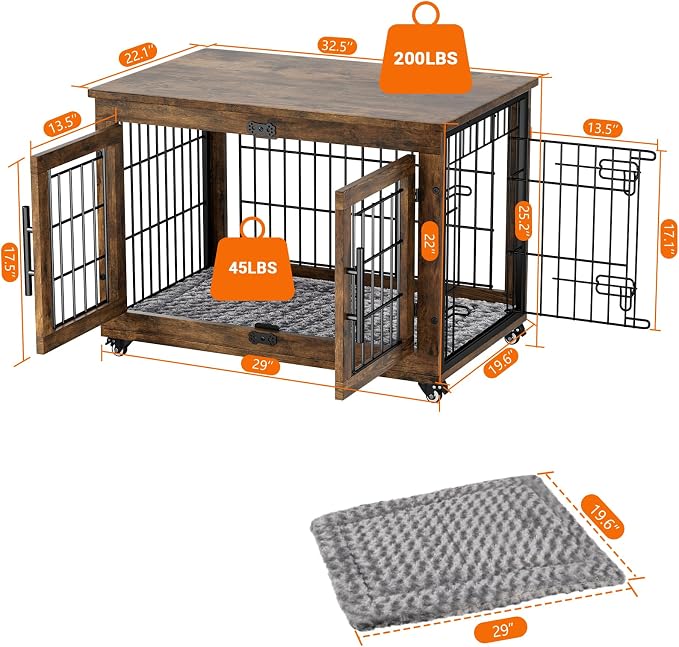 YaFiti Dog Crate Furniture, 32.5” Wooden Indoor Dog Kennel, Rustic Brown | Cushion, Wheels, Double Doors, Furniture Style, Side End Table, Decorative Pet Cage House, Up to 45 lb, for Small/Medium Dogs