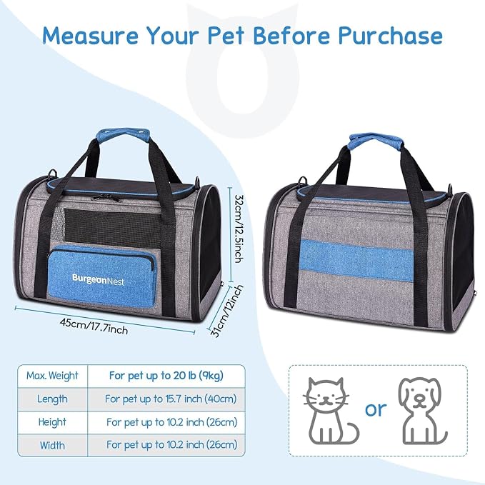 BurgeonNest Cat Carrier for Cats up to 20 Lbs, Soft-Sided Escape Proof | Top Load Pet Crate for Medium to Big Kitten Small Puppy Transport with Unique Side Bag, Home Outdoor Car Travel, Medium Blue