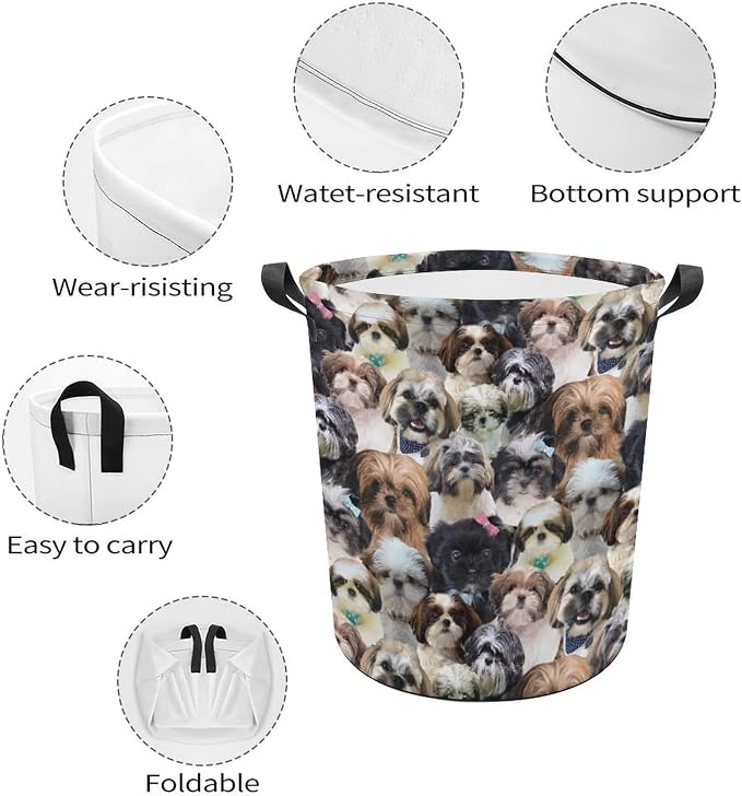 Large Laundry Hamper for Shih Tzu Lover, Waterproof Laundry Basket with Handle, Cute Shih Tzu Dog Print Collapsible Clothes Storage Organization for Bathroom Bedroom Laundryroom