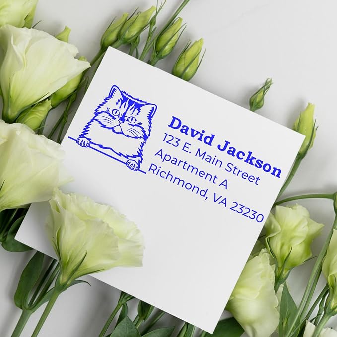Peeking Persian Cat Address Stamp Self-Inking - Custom Rubber Stamp | Persian Cat Envelope Stamp. Personalised Address Stamp for Cat Lovers. 4 case colors. Choice of 11 ink colors. Laser-cut.
