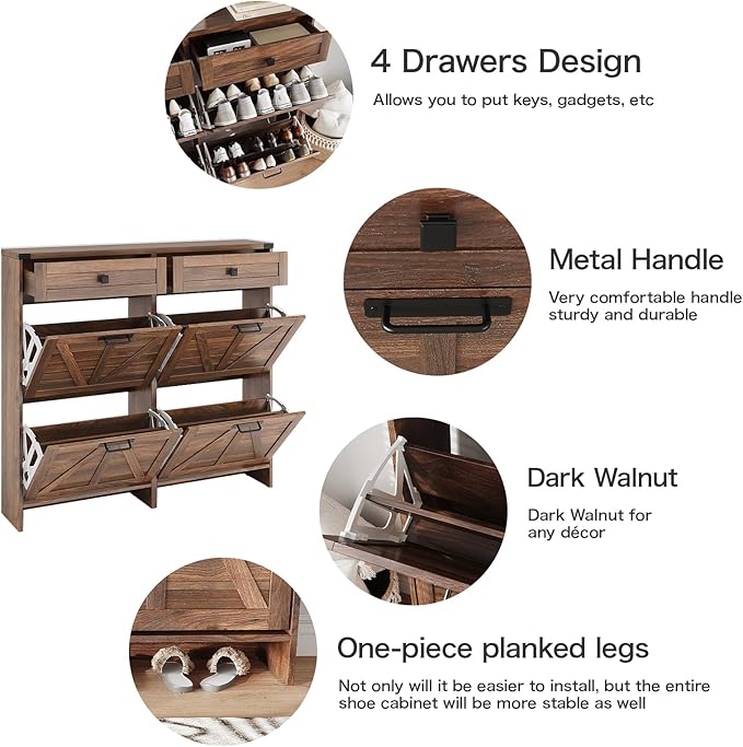 Halitaa Shoe Cabinet with 4 Flip Drawers & 2 Drawers,Farmhouse Shoe Storage Cabinet for Entryway,Slim Freestanding Organizer Rack for Front Door Entrance,Dark Walnut