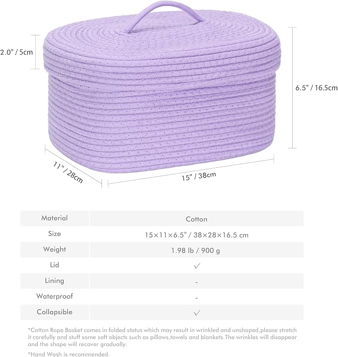 Sea Team Oval Storage Basket, Woven Cotton Rope Basket with Lid, Lavender | Decorative Knitted Storage Bin, Multi-Purpose Lidded Organizer for Closet Shelves, Nursery and Household Storage
