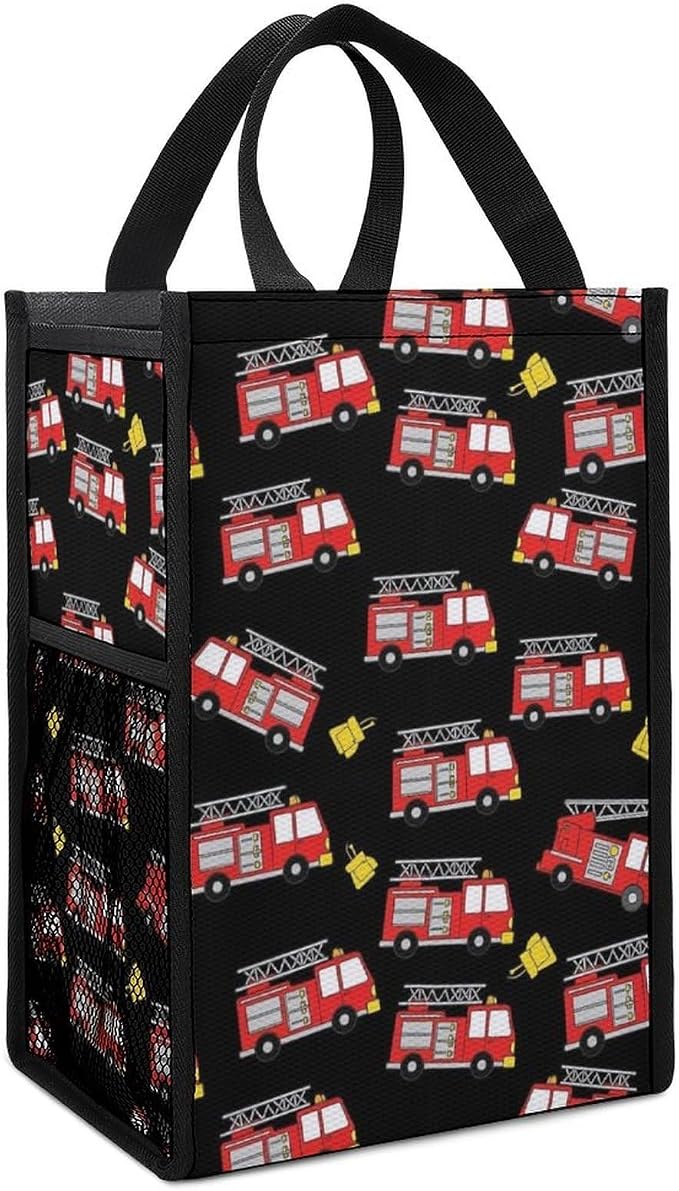 Reusable Insulated Lunch Bag Portable Foldable Lunch Totes Thermal Lunchbox Picnic Camping Cooler Bag Compatible with Fire Fighters Red Fire Truck Cartoon