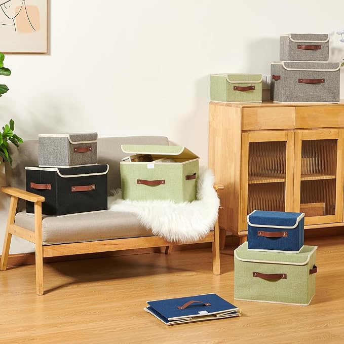 2PCS Storage Boxes with Lids Cotton Linen Fabric Bins Baskets | Decorative Collapsible Washable, Clothes Container Organizer for Closet Shelf, w/ Faux Leather Handles, Green, Small