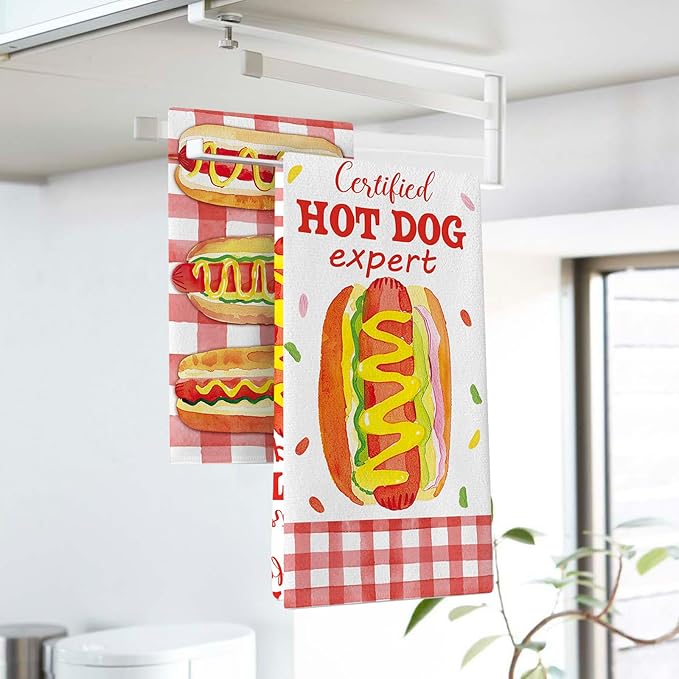 Certified Hot Dog Expert Kitchen Dish Towels Set of 2, Funny Fast Food Sausage Drying Hand Towel Baking Cooking Cloth, Red Plaid Farmhouse Home Decoration 18'' x 26''