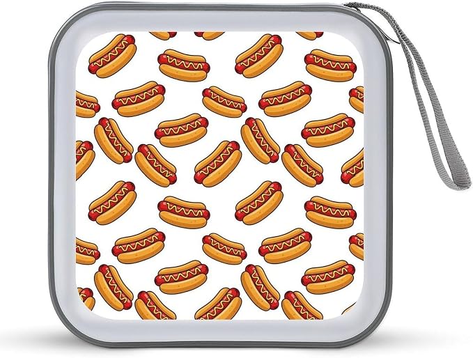 Portable CD Holder Case with Strap Hot Dog Food, 40-Capacity Hard Plastic Storage Binder, Protective Wallet for Car Office Travel