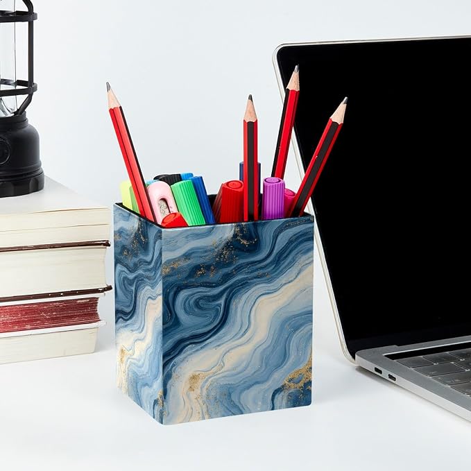 Marble Texture Pen Holder for Desk Decor, Rectangular PVC Leather Pencil Cup for Desk Pen Organizer, Makeup Brush Holder for School, Home, Office
