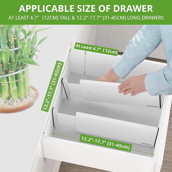 4 Pack Expandable Drawer Dividers, 4.7'' High, Extend from 12.2'' to 17.7'', Bamboo Dresser Drawer Organizers Separators for Kitchen, Bedroom, Office, Bathroom (White)