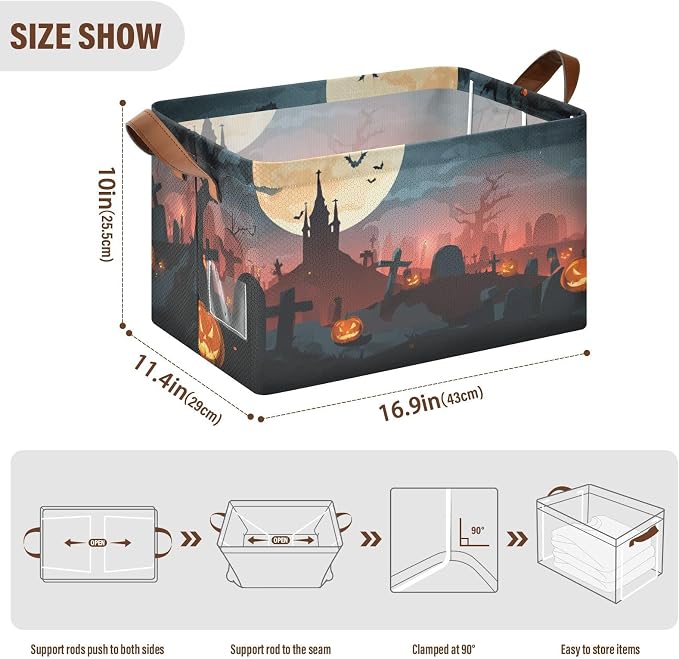 Halloween Spooky Graveyard Storage Basket Foldable Cube Storage Bins with Handles&Label Waterproof Collapsible Organizer Box Bin Large Rectangle Decorative Baskets for Shelves Home Room Laundry-2 PC