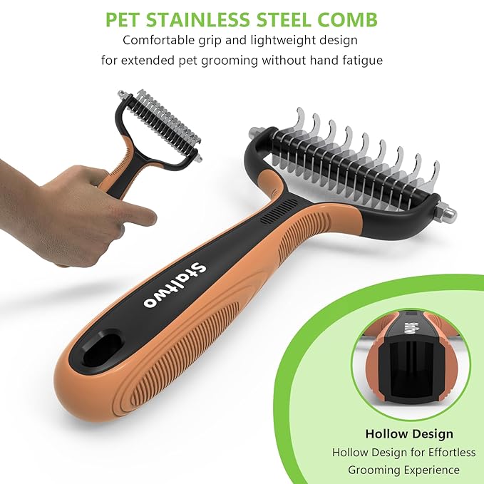 Staltwo Deshedding Dog Brush for Shedding - 2-in-1 Professional Undercoat Rake and Furminator for Dogs | Shedding Control for Long-Haired Dogs and Cats, Deshedding Tool, Knot Removal,Orange