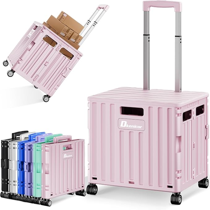 Folding Utility Cart with Lid, Portable Rolling Crate Handcart Collapsible Shopping Trolley, Durable Plastic Foldable Tool Basket with 4 Rotate Wheels for Grocery, Office, Luggage, School - Pink