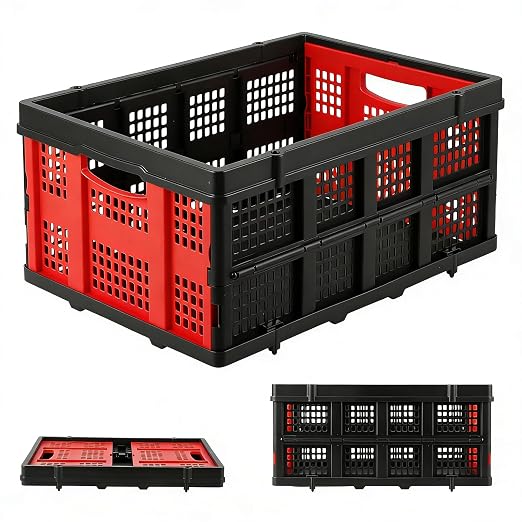Garvee Collapsible Crate, 55L Foldable Plastic Milk Storage Crate, Red | Heavy Duty Stackable Plastic Crates Folding Storage Baskets for Groceries, Moving, Camping & Car Storage