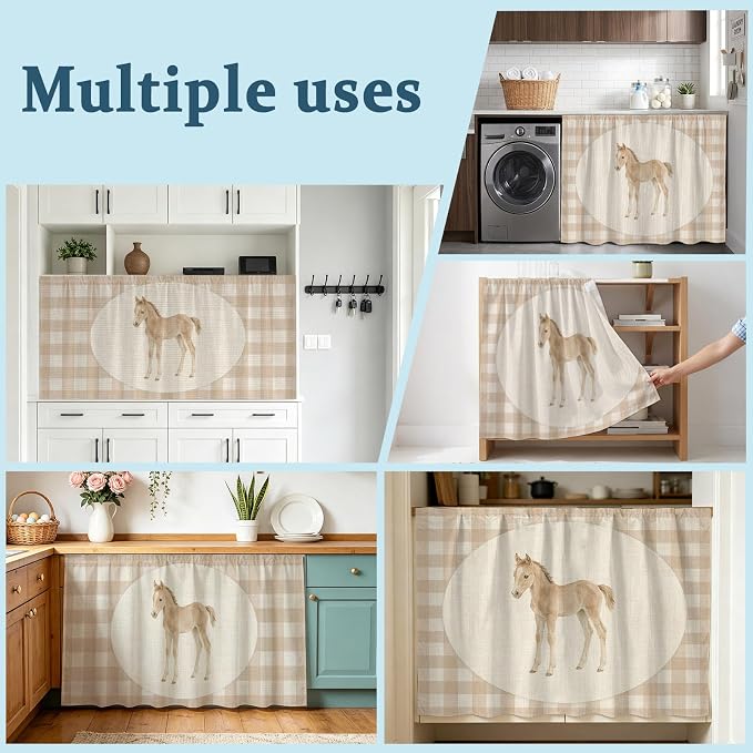 Graceful Pony Cabinet Curtains 28"x51" Sink Skirt for Bathroom Kitchen, Retro Natural Horse Farmhouse Plaid Rustic Self Stick Adhesive Under Desk Covers Tall Laundry Cabinet Storage Organizer
