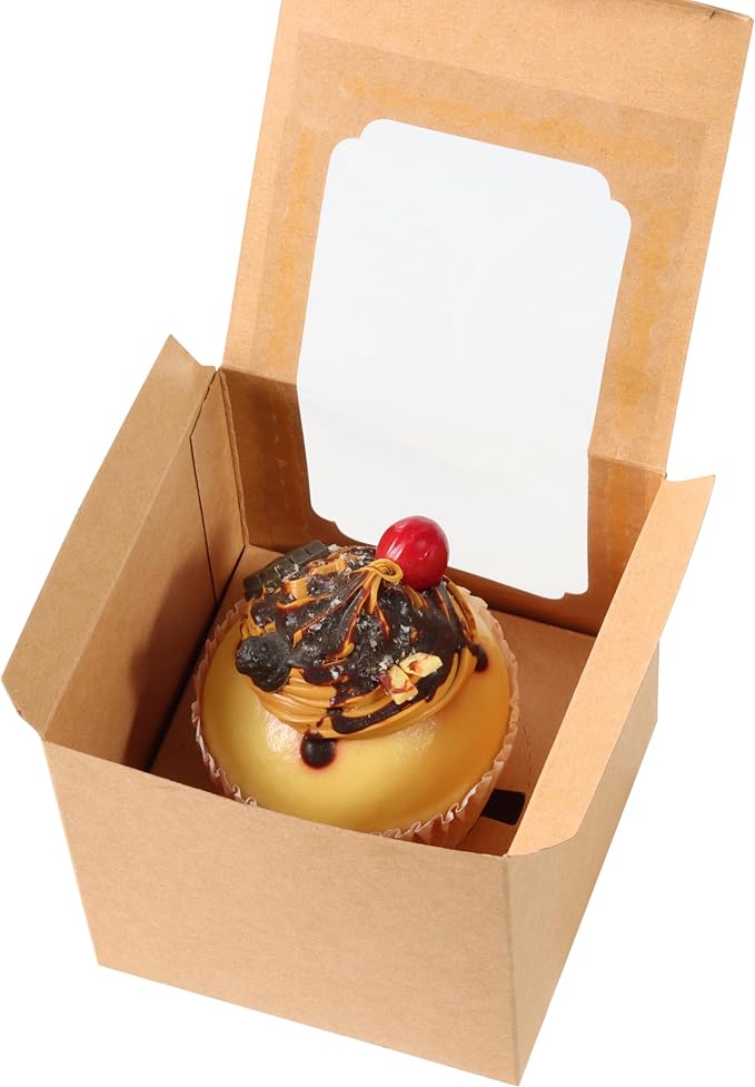 25 Pcs Single White Cupcakes Containers Gift Boxes with Window Inserts Handle for Wedding Candy Boxes (25P-Brown)
