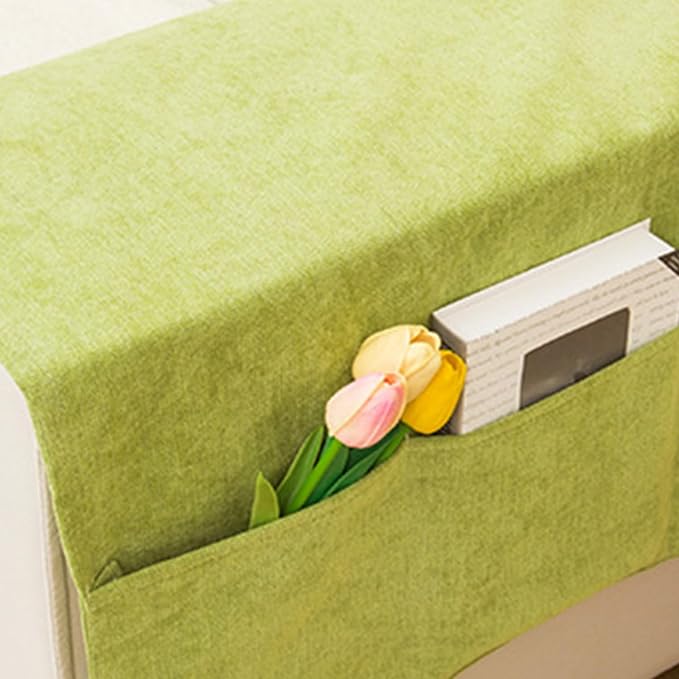 Sofa Armrest Cover with Pockets Set of 2 Solid Color Furniture Protector Slip Chenille Non Slip Recliner Organizer Remote Holder Caddy Accessories for Living Room Bedroom Kitchen 24*43.3 Inch Green