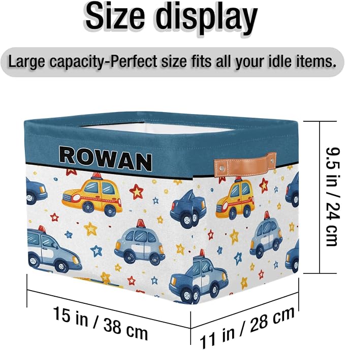Personalized Kids Toy Box with Name, Custom Nursery Baskets Cubes Bins, Kids Custom Storage Basket Laundry Baskets Organizer with Handles, Cartoon Police Car with Stars