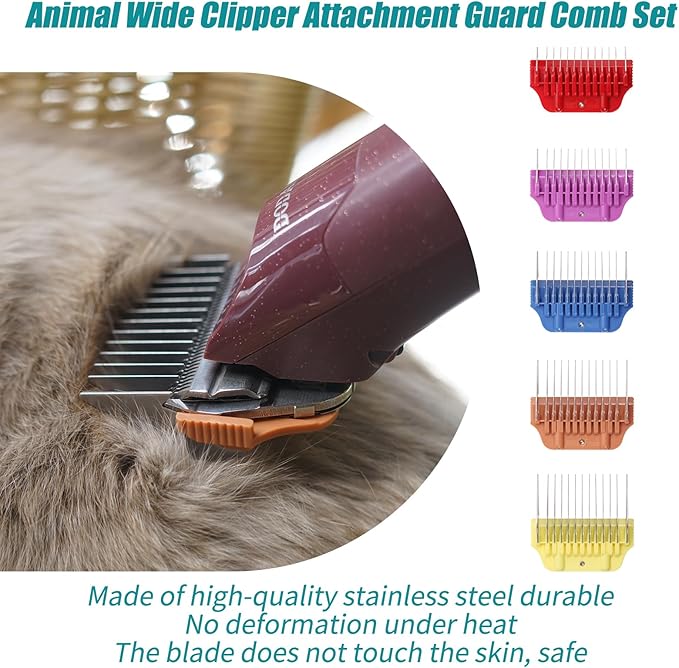 Dog Animal Stainless Steel Wide Clipper Attachment Guard Comb Set for A5 Series | Snap-On/Off Design Combs,Only Fir for 10W/15W/30W Wide Blade (Medium 5-Piece)