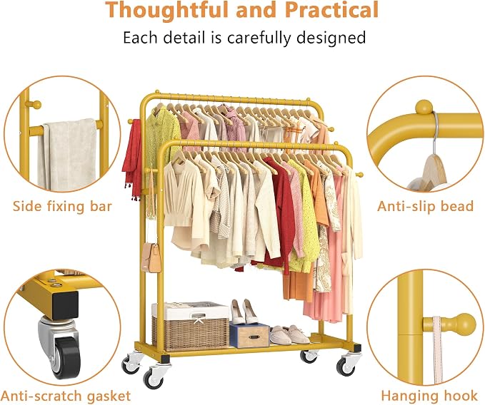 Laiensia Double Rods Garment Rack with Wheels, Clothing Rack for Hanging Clothes,4 Hooks, Multi-functional Bedroom Clothes Rack, Gold
