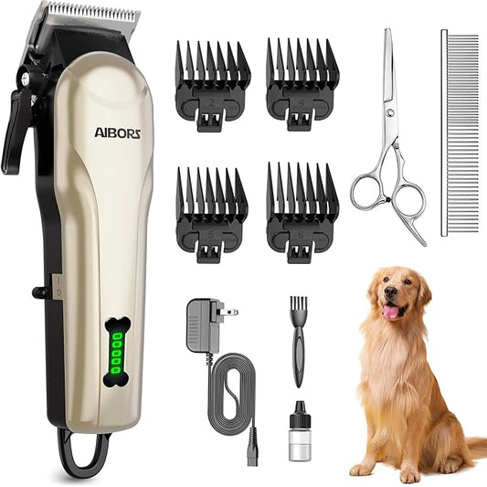 Quiet Dog Grooming Kit - 2000mAh Dog Clippers for Grooming Dog Grooming Clippers for Heavy Thick Hair Coats Waterproof Rechargeable Cordless Clippers Safe and Easy to Clean Home Pet Grooming Gold