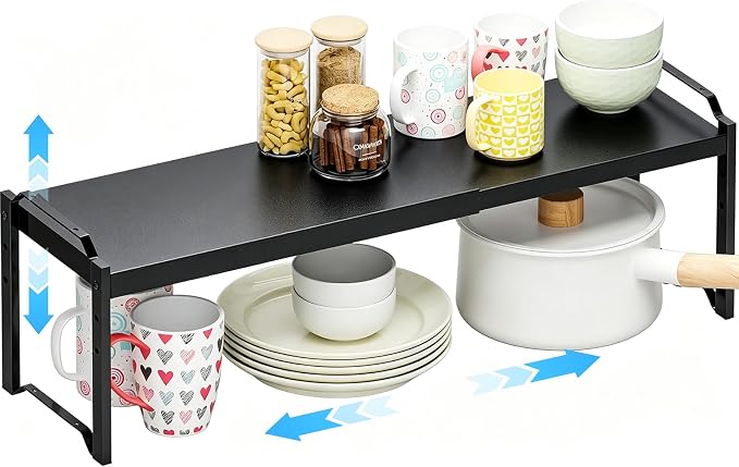 1 Pack Expandable Cabinet Countertop Shelves, Stackable Shelves Organizers For Kitchen Cabinet Countertop Storage, Adjustable Counter Cupboard Pantry Organizer Shelf Rack Stand, Length:25.5"