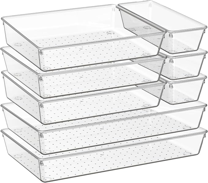 8 Pack Drawer Organizer for Kitchen Gadgets, Large Clear Plastic Drawer Divider for Kitchen Accessories, Bathroom Organizers and Storage, Home Essentials for Makeup and Vanity Accessories