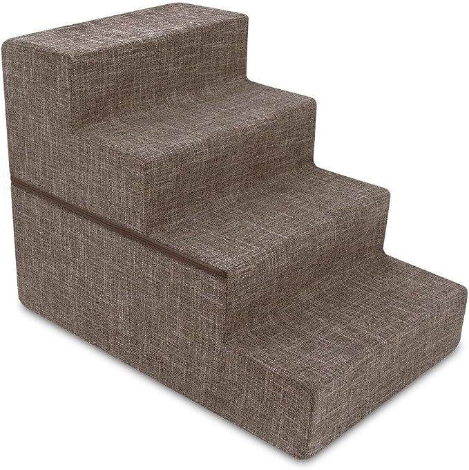 Best Pet Supplies Dog Stairs & Steps - Foam Steps for Small Dogs & Cats, Non-Slip Indoor Balanced Pet Step Support, Dog Ramp, No Assembly, Brown Linen, Foldable 4-Step (22-inch Height)