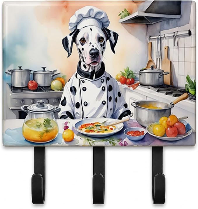 Caroline's Treasures Dalmatian The Chef Leash or Key Holder Wall Hooks, Key Hooks Holder, Coat Rack Wall Mount, Coat Hooks, Hooks for Hanging Keys, Towels, Aprons, Leashes | Dalmatian The Chef artwork on ceramic tile with three steel hooks for keys, le...