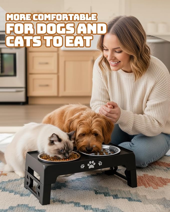 Jovrun Elevated Dog Bowls for Small Dogs and Cats, Non-Slip Cat Bowls with 1*Stainless Steel Dishes & 1*Slow Feeder Bowl, Dog Feeder 2 Heights Adjustable to 2.6"-5.3"