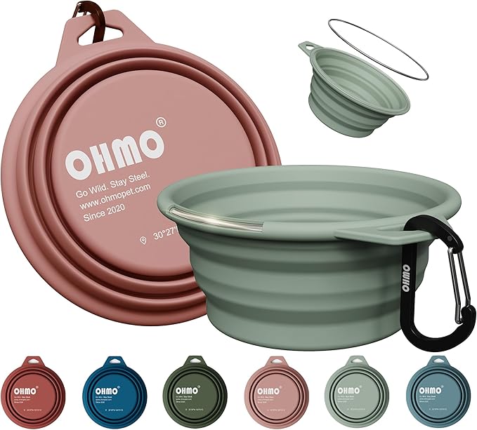 OHMO Small Collapsible Dog Bowls, Steel Rim, 12oz, 2pcs, Coral&Sage Green | Portable Pet Water&Food Bowl, Cat-Friendly, BPA-Free Silicone, Foldable, Hiking&Camping Travel Gear, Stable Shape, Easy-Clean