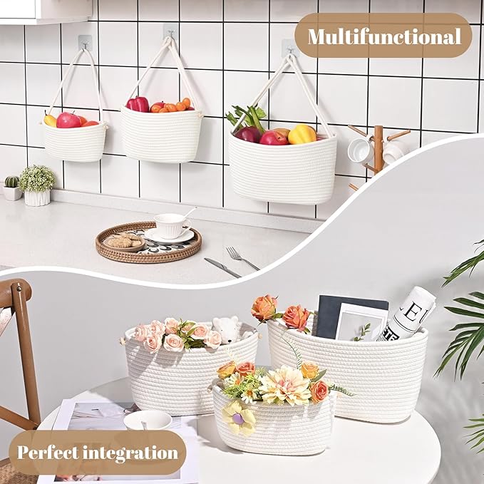 Hanging Basket, 3-Tier Woven Wall Basket with 4 Hooks, Cotton Rope Storage Baskets, Over the Door Organizer for Nursery, Bedroom, Cottage and Boho Wall Decor