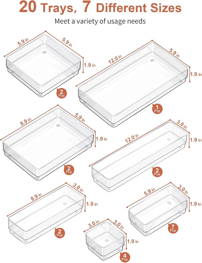 SMARTAKE 20-Piece Drawer Organizer with Non-Slip Silicone Pads, 7-Size | Desk Drawer Organizer Trays Storage Tray for Makeup, Jewelries, Utensils in Bedroom Dresser, Office and Kitchen (Clear)